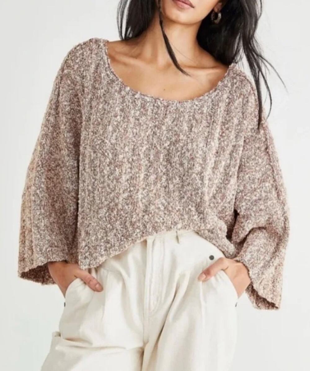 Free People Good Day Pullover Sweater M Brown Marled Boxy Oversized Slouchy Boho